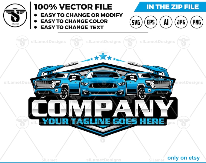 Pressure Washing Car Logo - Car Wash Logo - Power Wash Vehicle Design - Auto Cleaning Service logo - Car Spa Brandinglogo