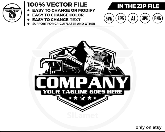 dump trailer and Skid steer loader logo, skid steer tracker logo, skid steer svg, Bulldozer logo SVG, Heavy Equipment logo Svg, dump trailer