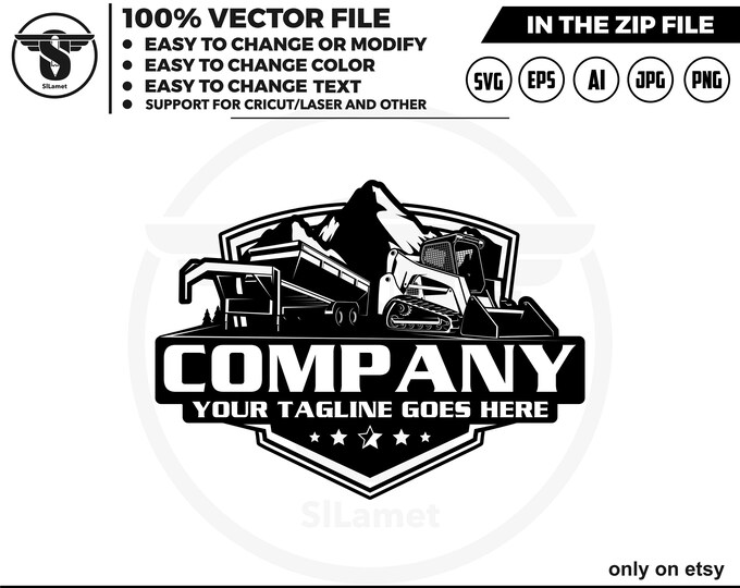 dump trailer and Skid steer loader logo, skid steer tracker logo, skid steer svg, Bulldozer logo SVG, Heavy Equipment logo Svg, dump trailer