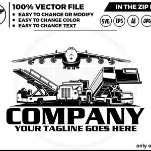 Könnte beinhalten: Schwarzweißillustration eines großen Frachtflugzeugs, das von einem Bodenfahrzeug beladen wird. Der Text "COMPANY" und "YOUR TAGLINE GOES HERE" befindet sich unter dem Bild.