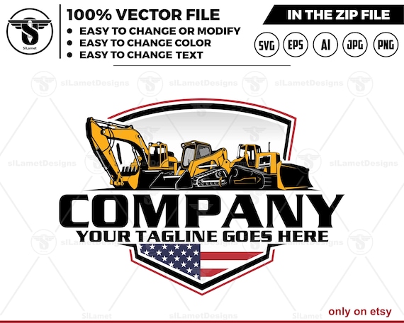 America heavy equipment rental logo - Bulldozer, skid steer and excavator logo - Heavy Equipment logo - Construction Logo, America excavator