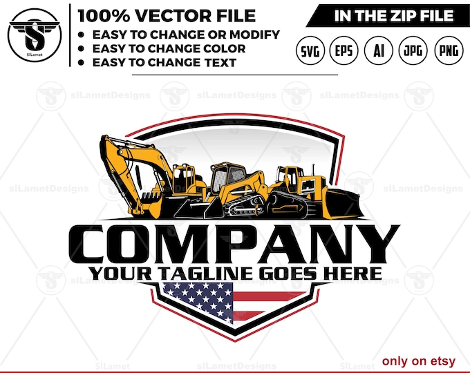 America heavy equipment rental logo - Bulldozer, skid steer and excavator logo - Heavy Equipment logo - Construction Logo, America excavator
