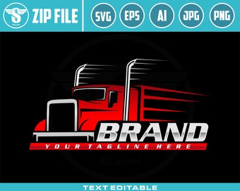 May include: Red semi-truck logo with a silver "BRAND" text and the tagline "YOUR TAGLINE HERE".