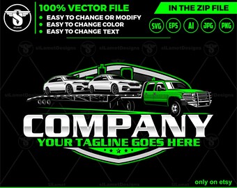 May include: Green and white logo for a car transport company. The logo features a green truck with a car carrier hauling two cars. The text "COMPANY" is in a silver, metallic font with the tagline "YOUR TAGLINE GOES HERE" below it.