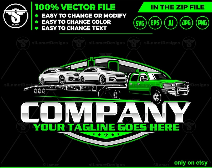 pickup Wedge Car Trailer logo - hotshot logo - pickup and flatbed trailer logo - towing Company Logo - hauler trailer logo - GMC cab chassis
