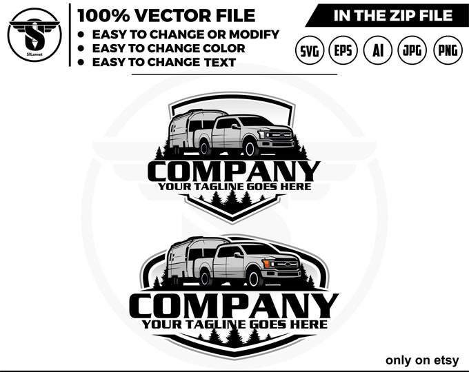 pickup pulling camper LOGO, campervan svg, Camper van logo, travel van car, camper van vector isolated logo design