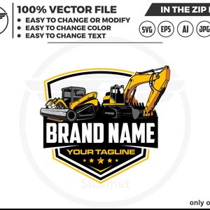 May include: A black and yellow logo featuring two construction vehicles, a bulldozer and an excavator, with the text "BRAND NAME" and "YOUR TAGLINE" below. The logo is surrounded by a black shield with a yellow border.