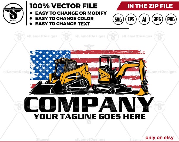 america skid steer and mini excavator logo - Compact Equipment Logo - Jobsite Machine logo - USA Landscaping Equipment logo
