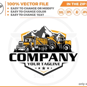 logo di autocarro con cassone ribaltabile e minipala - logo di veicoli per attrezzature - logo di attrezzature pesanti in formato svg
