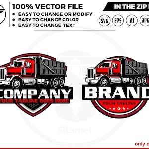 May include: A red dump truck logo with the words "COMPANY" and "YOUR TAGLINE GOES HERE" in a shield shape. A second logo features a red dump truck with the word "BRAND" and "YOUR TAGLINE" in a circle.