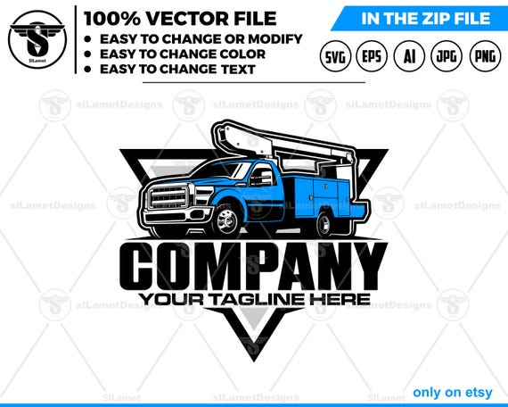 Bucket Truck Logo - Aerial Lift Truck Design - Utility Service Vehicle Icon - Boom Truck Badge - Powerline Work Logo