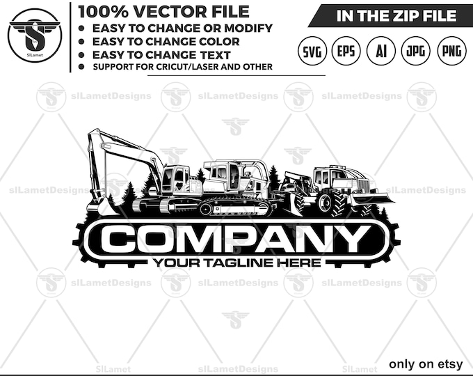 forestry equipment Logo: Bulldozer, Excavator logo & grapple skidder - john deere - support for cricut, laser