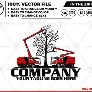 May include: A red truck with a lift is trimming a tree. The truck has a black company name and the text "YOUR TAGLINE GOES HERE".
