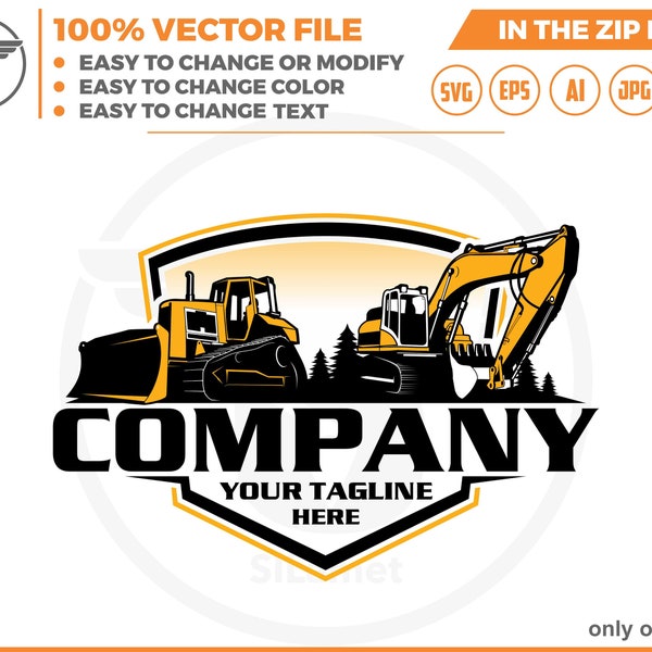 Bulldozer and excavator logo - Heavy Equipment logo - Construction Logo