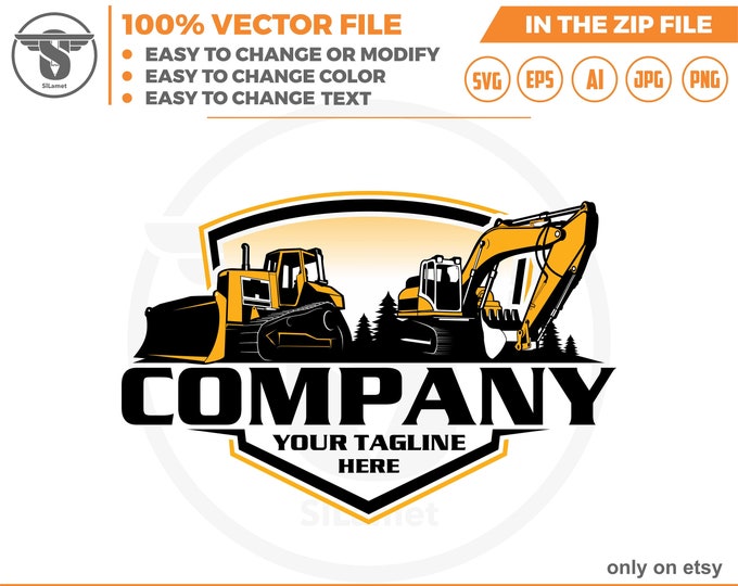 Bulldozer and excavator logo - Heavy Equipment logo - Construction Logo