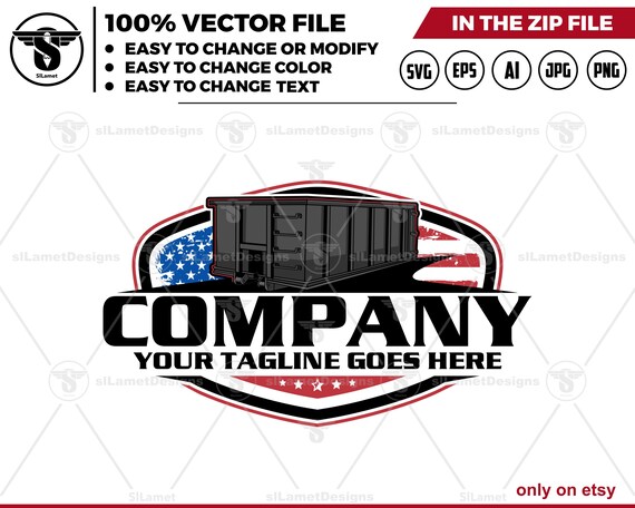 America Dump Roll Off Bin logo - Dumpster Logo - Waste Removal Truck Design - Trash Container logo - Junk Hauling Service