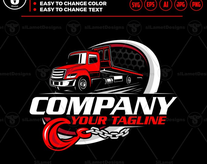 Tow Truck Logo: Flatbed Car Recovery, Vector Graphics (digital download - svg, png, ai, eps, jpg)