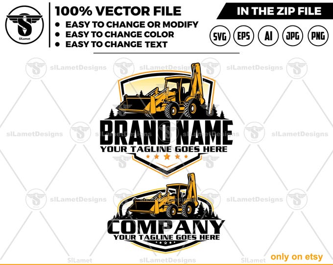 Backhoe Loader Logo  - Construction Equipment Logo Template  - Digital Download  - Editable Vector Design