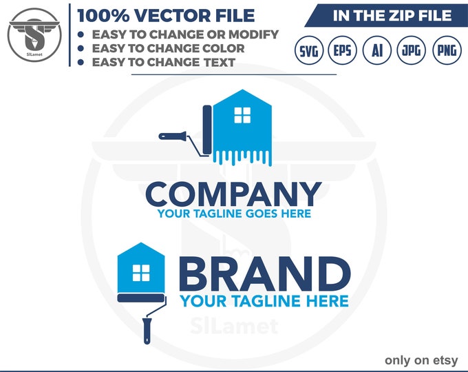 painting house logo - paint brush house logo -real estate logo - repair house logo - home improvement logo  - minimalis house logo