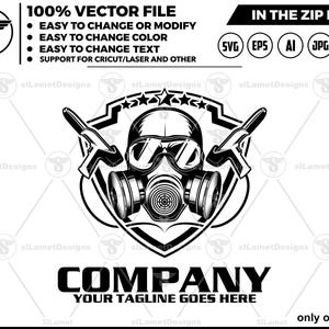Puede incluir: Gráfico vectorial en blanco y negro con un diseño de máscara de gas, herramientas cruzadas y un escudo. El texto dice "COMPANY YOUR TAGLINE GOES HERE." Incluye iconos de tipo de archivo y texto: "100% VECTOR FILE" y "IN THE ZIP FILE."