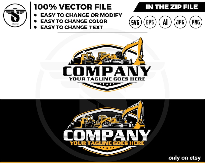 bulldozer, skid steer, excavator - equipment vehicles logo - heavy equipment logo