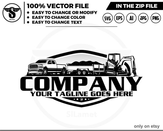 pickup, dump trailer and mini excavator logo - pickup and Bumper Pull Dump Trailer - dump towing logo - dump rental Logo