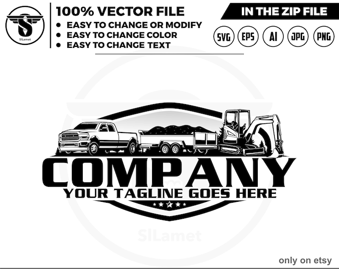 pickup, dump trailer and mini excavator logo - pickup and Bumper Pull Dump Trailer - dump towing logo - dump rental Logo