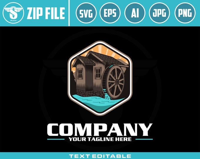Water mill logo - water wheel logo - Water mill house logo- Generating Power