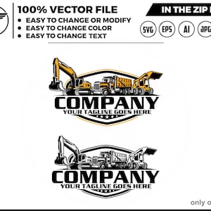 Könnte beinhalten: Ein Logo-Design mit zwei gelben Baumaschinen, einem Bagger und einem Kipplaster, mit dem Wort "COMPANY" und dem Text "YOUR TAGLINE GOES HERE" in Schwarz.