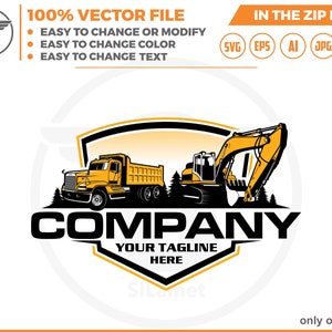 logo di autocarro con cassone ribaltabile ed escavatore - logo di veicoli per attrezzature - logo di attrezzature pesanti in formato svg