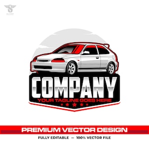 May include: A white car illustration with red detailing, a spoiler, and black wheels, set against a grey backdrop. Below, a black and white emblem reads "COMPANY" with "YOUR TAGLINE GOES HERE" and stars. The bottom banner says "PREMIUM VECTOR DESIGN".