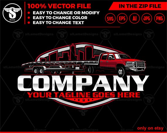 pickup Wedge Car Trailer logo - hotshot logo - pickup and flatbed trailer logo - towing Company Logo - hauler trailer logo - GMC cab chassis