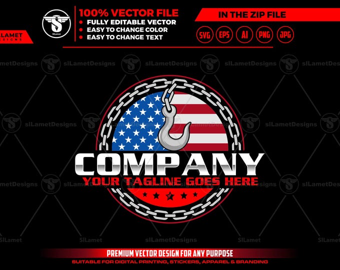 American Towing Truck Logo: chain hook towing SVG, car recovery SVG, tow truck logo, tow truck 18 wheeler, car recovery