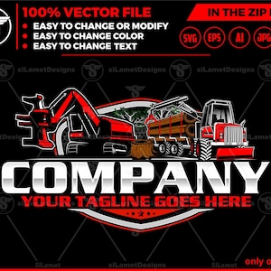 Pode incluir: Um design de logotipo vermelho e preto com um caminhão de transporte de madeira e uma escavadeira. O texto "COMPANY" está em uma fonte metálica prateada com contorno vermelho. O texto "YOUR TAGLINE GOES HERE" está em uma fonte menor abaixo do nome da empresa.