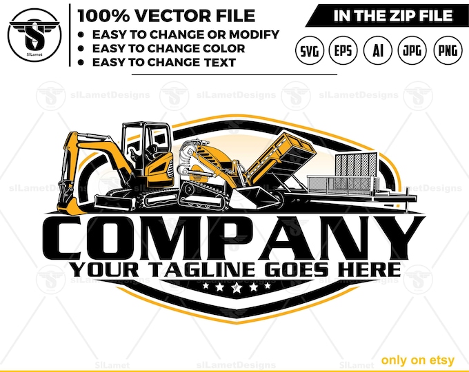 equipment vehicles logo - Skid steer loader, Hybrid Hydraulic Dump Trailer, Mini Track Loader, mini excavator - heavy equipment svg