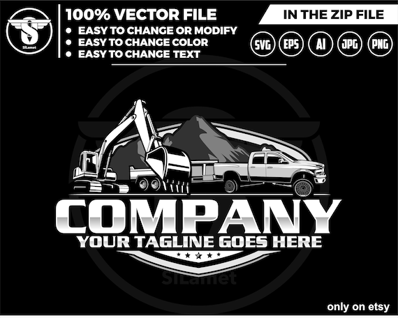 pickup and dump trailer and excavator logo, pickup and trailer logo - trailer towing logo - towing Company Logo - heavy equipment rental