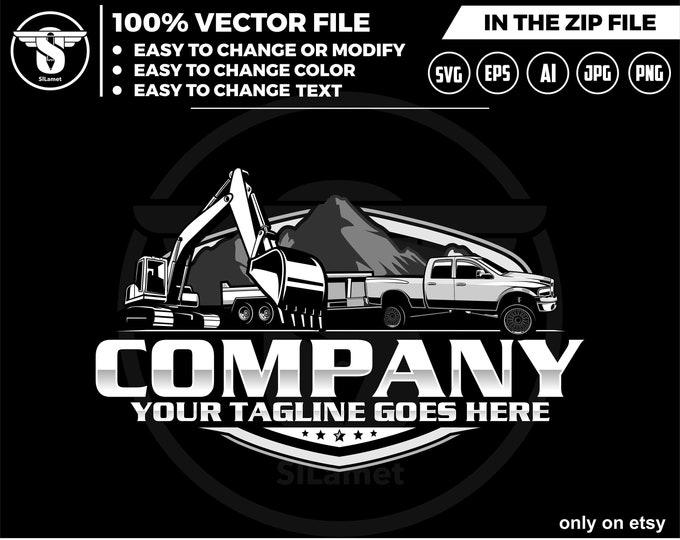 pickup and dump trailer and excavator logo, pickup and trailer logo - trailer towing logo - towing Company Logo - heavy equipment rental