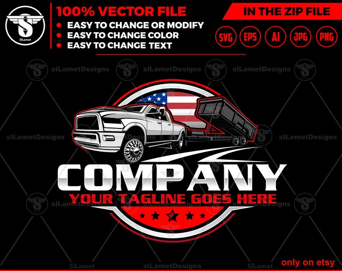 america Pickup & Dump Trailer Logo - Pickup Truck Trailer Logo Template - Hauling Equipment Branding - dump trailer logo - USA dump trailer