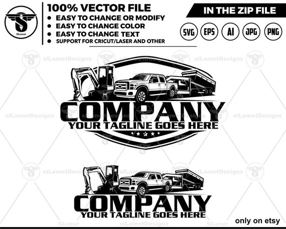 pickup truck dump trailer and mini excavator logo - equipment rental logo - Heavy Equipment logo - Construction Logo, silhouette, cricut