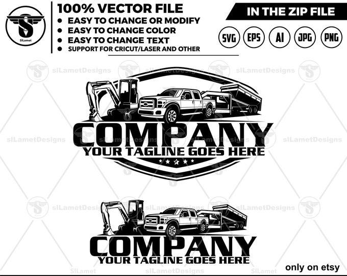 pickup truck dump trailer and mini excavator logo - equipment rental logo - Heavy Equipment logo - Construction Logo, silhouette, cricut