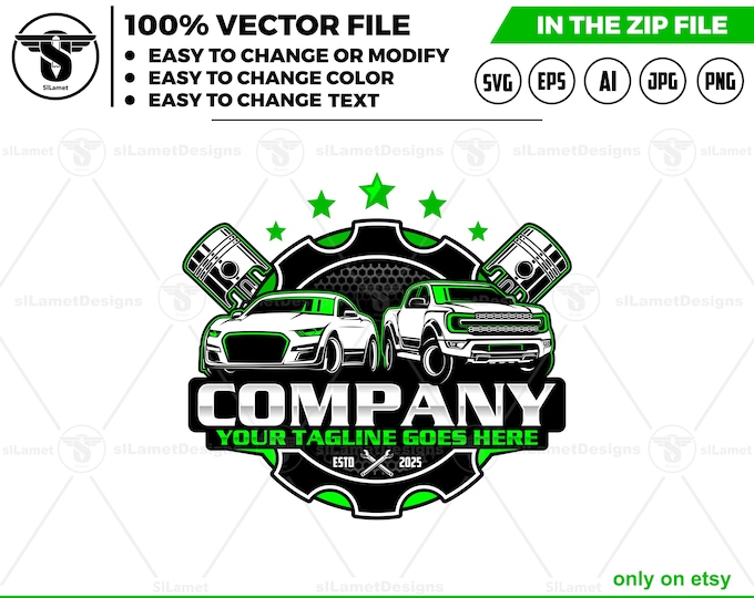 Automotive Repair Logo Template: Car, Truck, Piston Design (Digital Download)