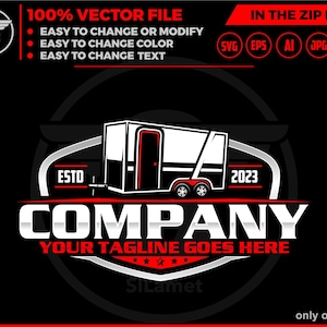 Può includere: Un logo in bianco e nero con un rimorchio rosso e bianco, il testo "COMPANY" in argento con contorno rosso, e il testo "YOUR TAGLINE GOES HERE" in argento con contorno rosso. Il logo include anche il testo "ESTO" e "2023" in rosso.