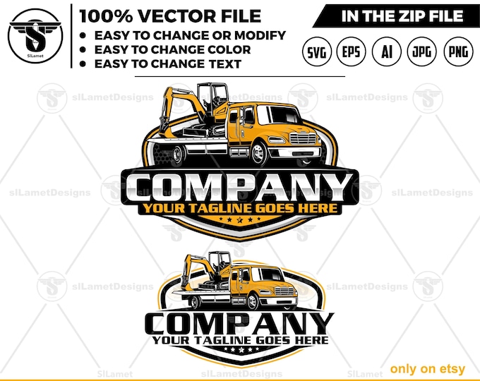 towing mini excavator logo, towing heavy equipment logo - flat bed towing equipment  - towing truck logo - towing service logo