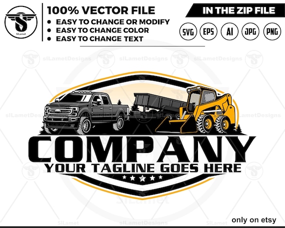 pickup truck dump trailer and Skid steer wheel loader logo, skid steer wheel logo, skid steer svg, Heavy Equipment logo Svg, dump trailer