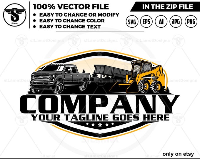 pickup truck dump trailer and Skid steer wheel loader logo, skid steer wheel logo, skid steer svg, Heavy Equipment logo Svg, dump trailer
