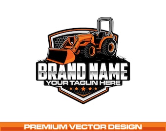 Logotipo de tractor compacto – Tractor agrícola con cargador frontal, marca de equipos agrícolas, vector editable