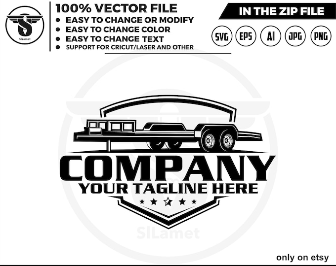 Flatbed Trailer Logo: Equipment Transport Hauling for cricut (SVG, EPS, PNG)