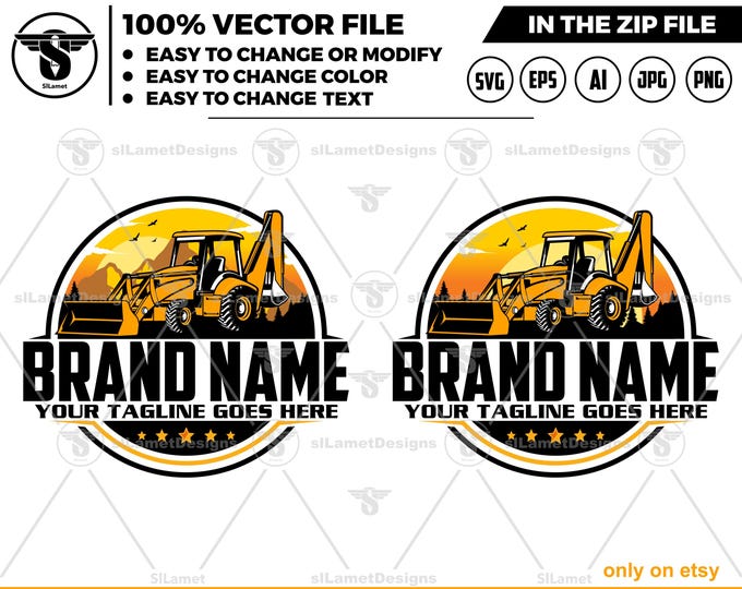 Backhoe Loader Logo  - Construction Equipment Logo Template  - Digital Download - Editable Vector Design