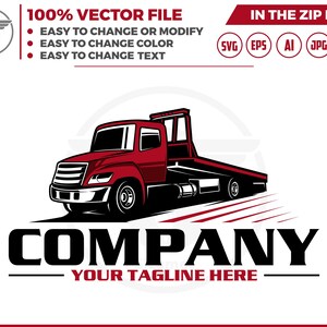 Könnte beinhalten: Ein rotes Abschleppwagen-Logo mit dem Wort "COMPANY" und dem Text "YOUR TAGLINE HERE" darunter. Der Abschleppwagen fährt auf einer rot-weiß gestreiften Straße.