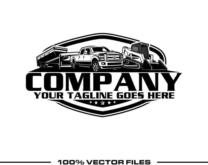Construction Logo: Fully Editable, Pickup Truck Gooseneck Dump Trailer Skid Steer SVG Vector Design